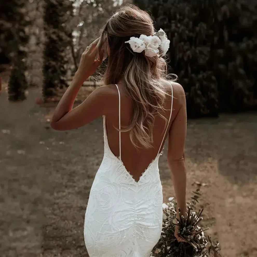 Sexy V-Neck Bohemian Lace Mermaid Wedding Dresses with Spaghetti Straps