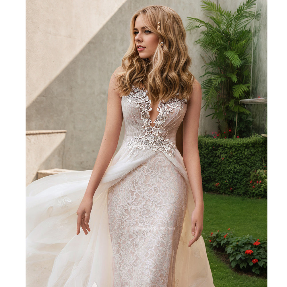 Tiered Tulle A Line Wedding Dress Lace V Neck Boho Beach Open Back Bridal Gown
