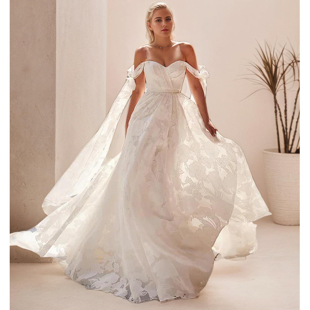 Bow Strap Floral Embroidery Lace Wedding Dress