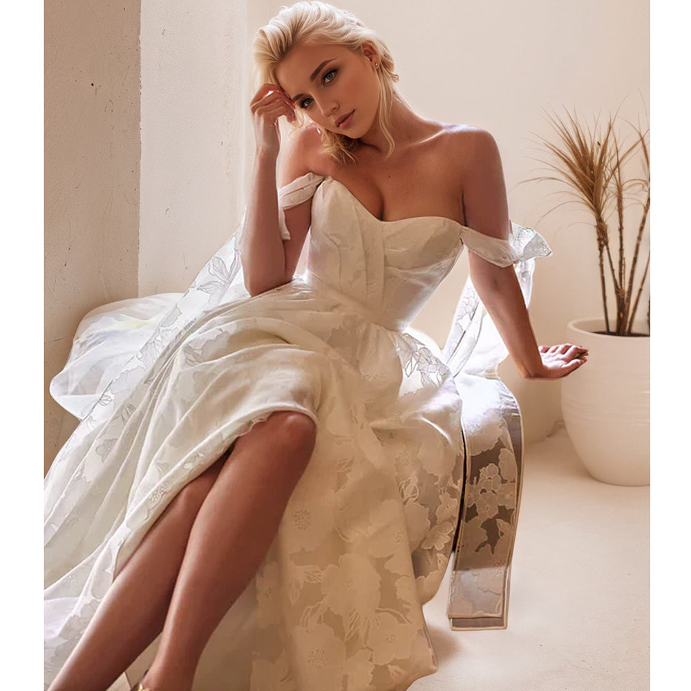 Bow Strap Floral Embroidery Lace Wedding Dress