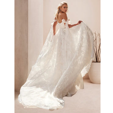 Bow Strap Floral Embroidery Lace Wedding Dress