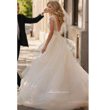 A-Line Plunging Neckline Floor-length Lace Tulle Wedding Dress Sleeveless Appliques Ruffles Bridal Gown