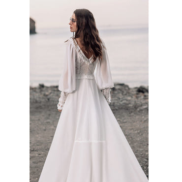 Chiffon Long Sleeve Boho Empire Low-v Back Beach Wedding Dress