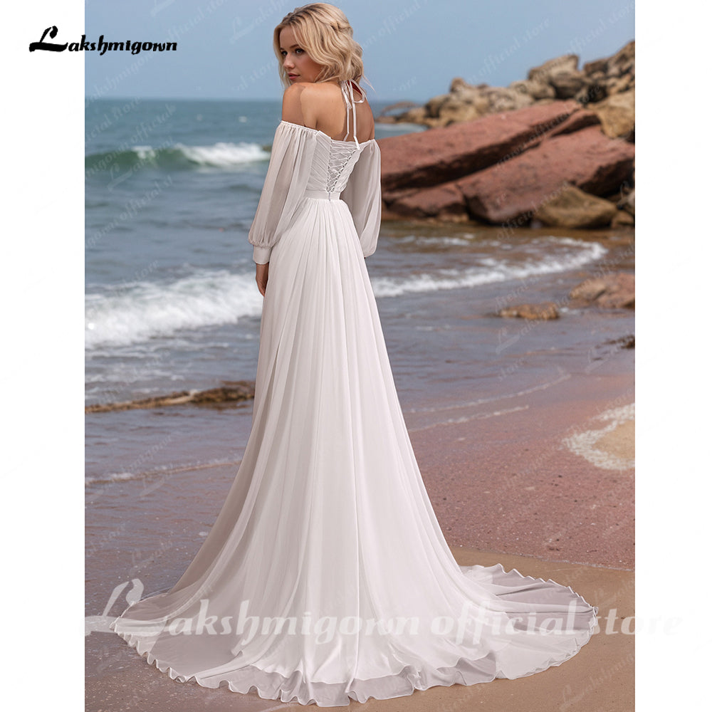 Abito da sposa in chiffon con spalle scoperte Abiti da sposa con lacci per donne Maniche a lanterna