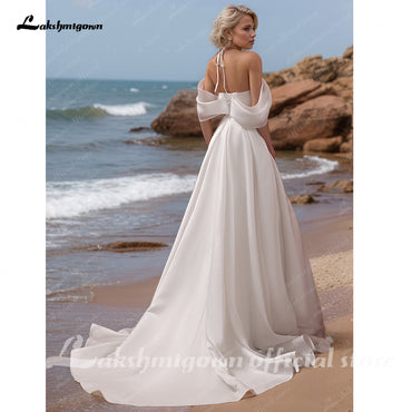 オーガンザ オフショルダー ウェディングドレス クラシック プリーツ ストラップレス Aライン ブライダルドレス