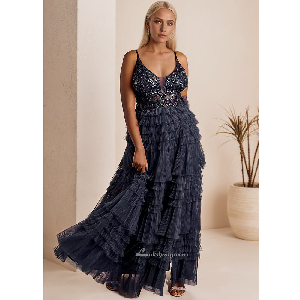 Plunging V Neckline Ruffled Tulle Ball Gown HCM012