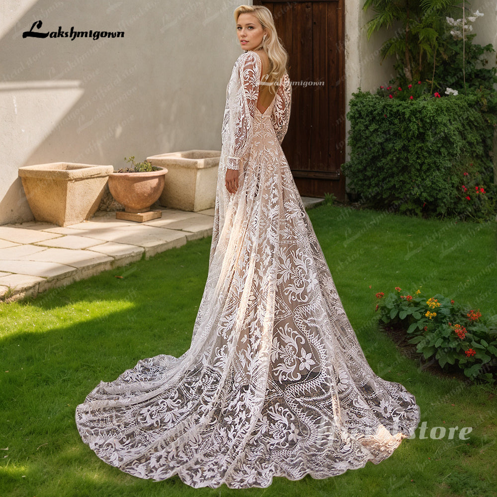 Bohemian Long Puffy Sleeves Elopement Bridal Gowns Allover Lace Wedding Dress
