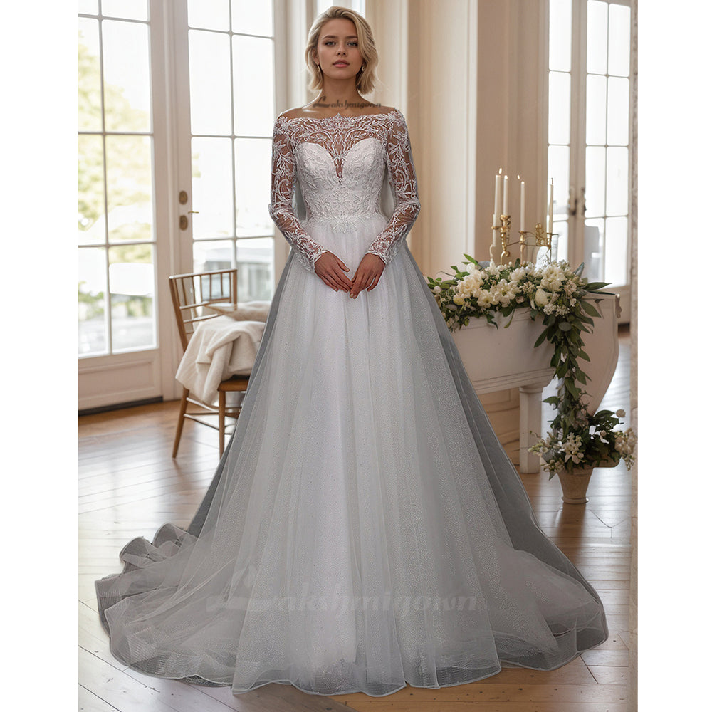 Long Sleeves Boat Neck Wedding Dress Illusion Back Buttons Bride Dresses