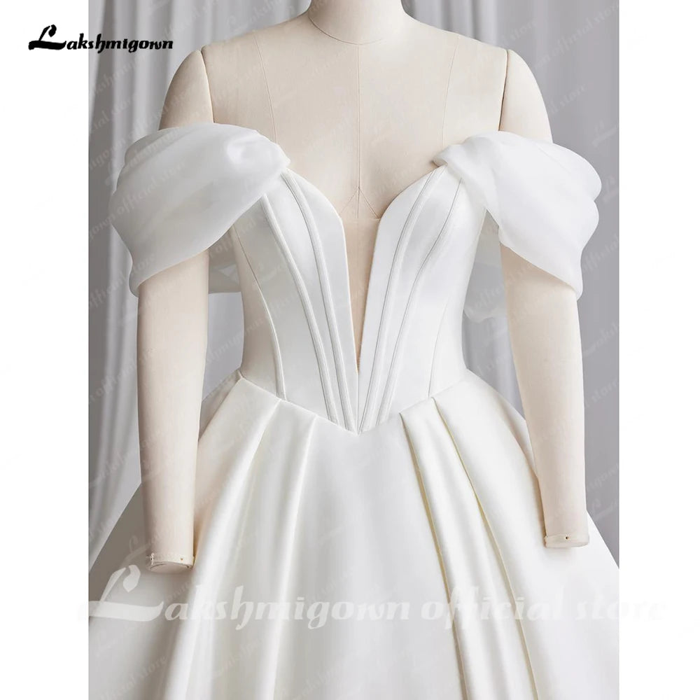 Off The Shoulder Crepe Satin A-Line Bridal Gowns For Formal Party Floor Length Wedding Dress