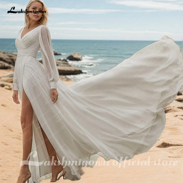 Sexy Side Slit Satin Bridal Gowns V Neck Open Back A-Line Plus Size Wedding Dresses