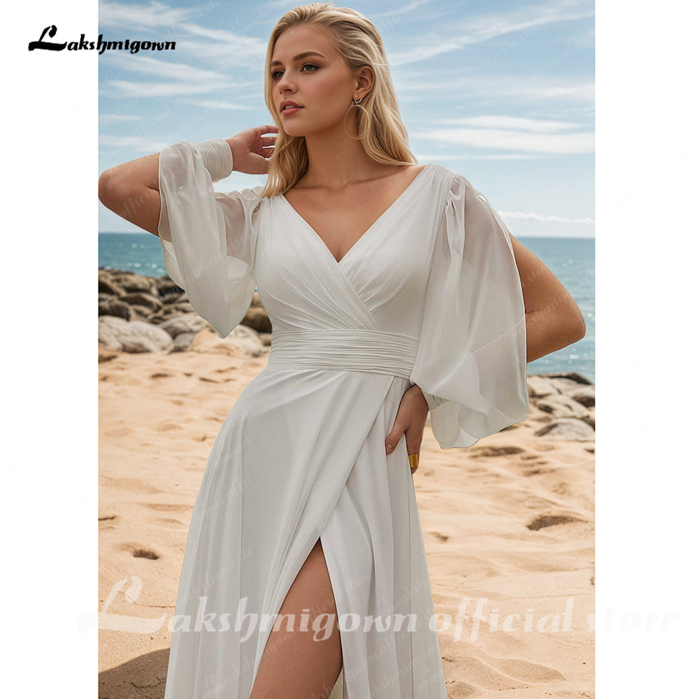 Sexy Side Slit Satin Bridal Gowns V Neck Open Back A-Line Plus Size Wedding Dresses