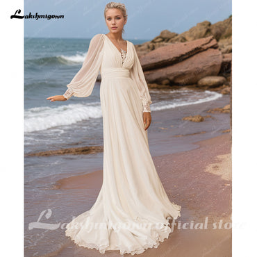 A-Line Wedding Dress Puff Sleeve Illusion Back Chiffon Beach Wedding Gown