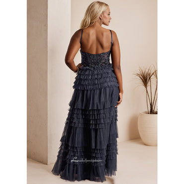 Plunging V Neckline Ruffled Tulle Ball Gown HCM012