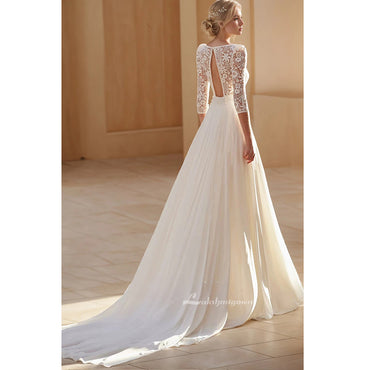 Robe de mariée trapèze en mousseline de soie et dentelle, col carré, romantique, manches longues, longueur au sol, dos nu