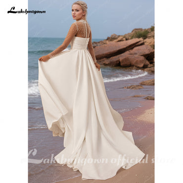 Long Sleeves Pearls Wedding Dress A Line High Neck Satin Bride Dresses