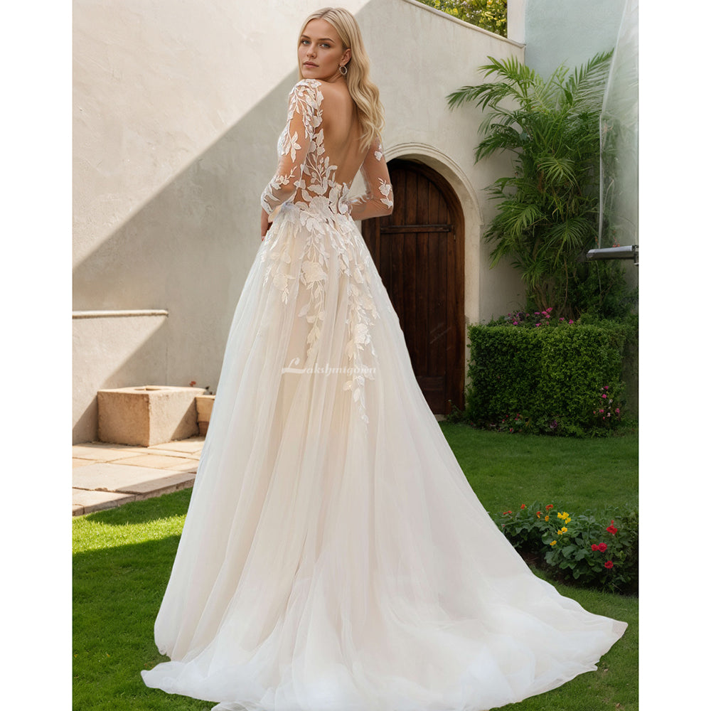 Vestido de novia de manga larga con cuello redondo, vestidos de novia con espalda ilusión de tul