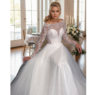 Long Sleeves Boat Neck Wedding Dress Illusion Back Buttons Bride Dresses