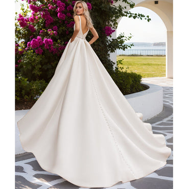 Sexy Brautkleider aus Satin mit tiefem V-Ausschnitt und Gürtel, neue Brautkleider in A-Linie