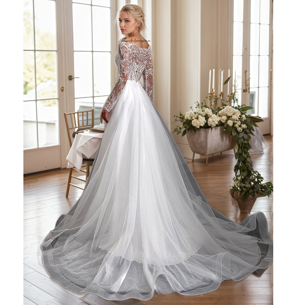 Long Sleeves Boat Neck Wedding Dress Illusion Back Buttons Bride Dresses