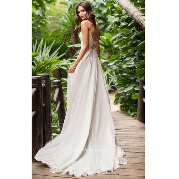 Robe de mariée en dentelle et mousseline de soie, ligne a, col en v, Spaghetti, Sexy, avec des Appliques en dentelle, fendue sur le devant