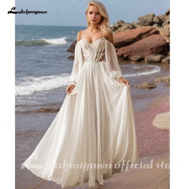 Robes de mariée de plage à manches longues, fente haute, Sexy, épaules dénudées, robes de mariée de plage pour femmes