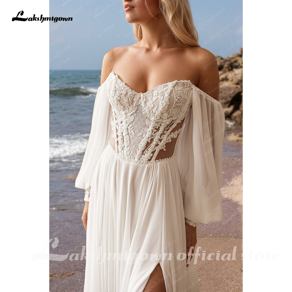 Vestidos de novia de manga larga de playa con abertura alta Vestidos de novia de playa sexy con hombros descubiertos para mujer