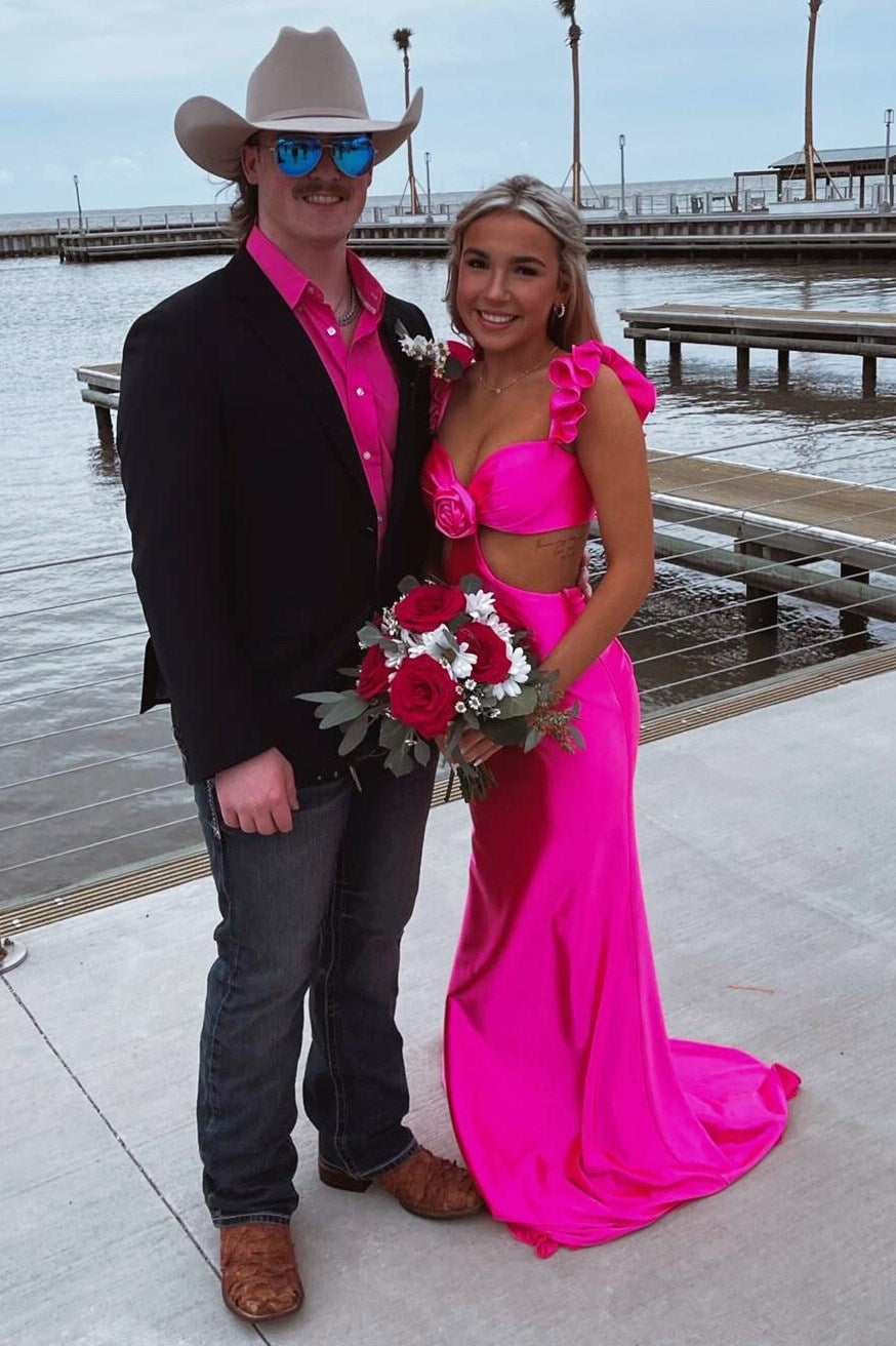 Violet Flutter Sleeve Cutout Mermaid Prom Gown