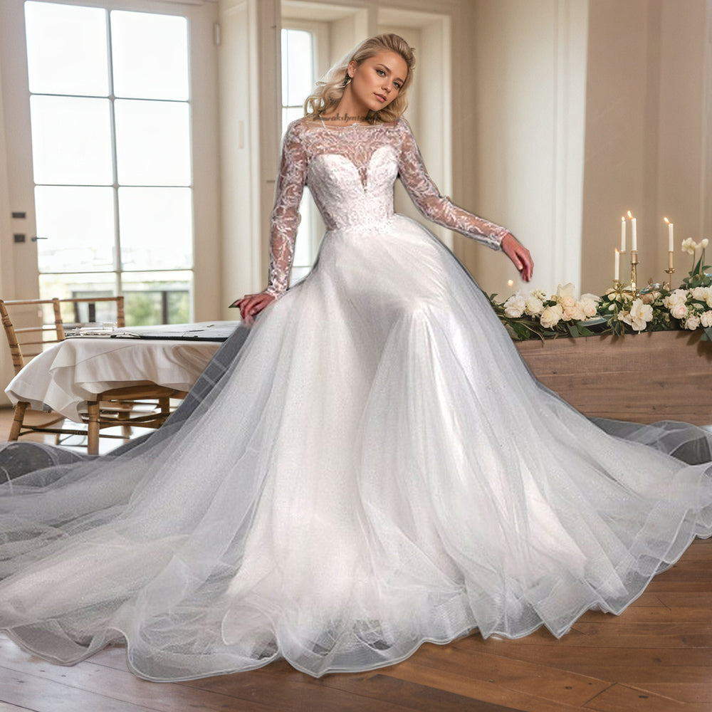 Long Sleeves Boat Neck Wedding Dress Illusion Back Buttons Bride Dresses