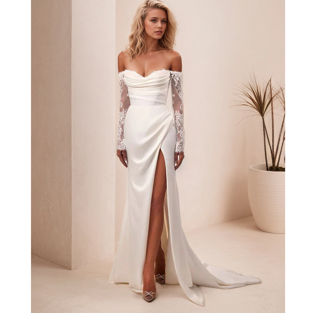 Long Sleeves Mermaid Wedding Dresses Off Shoulder Satin Bridal Gown