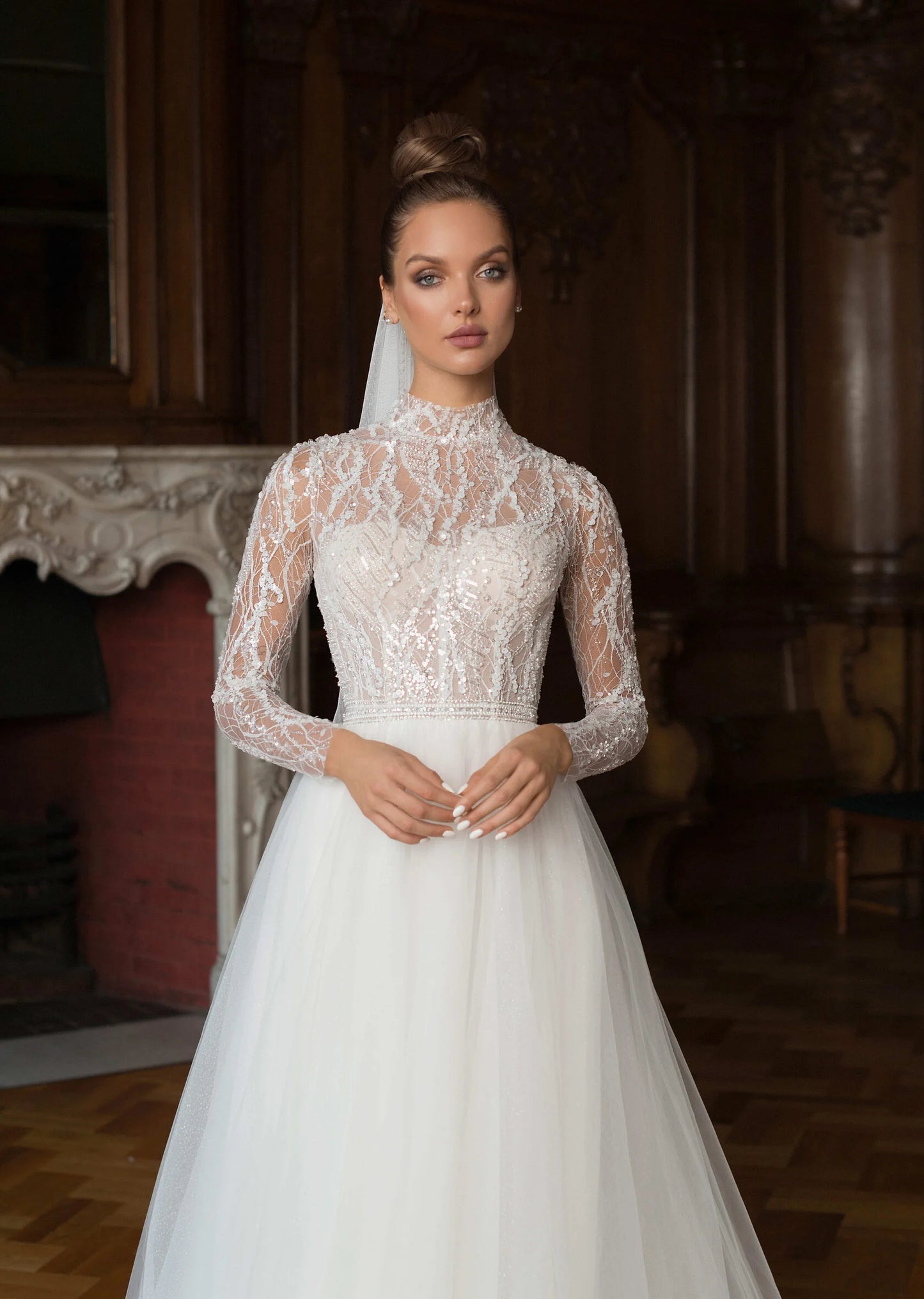 A-Line High Neck Long Sleeves Tulle Beaded Sequins Wedding Dress with Train