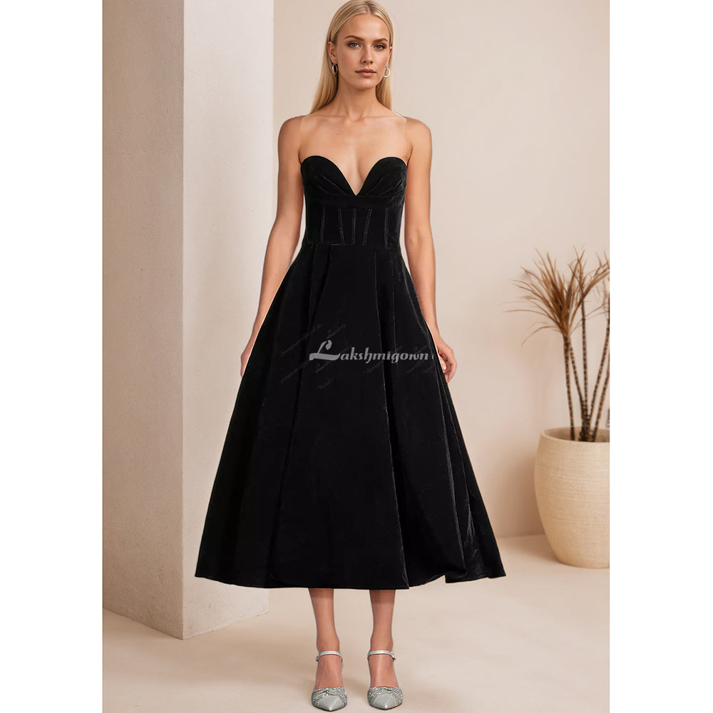 Plus Size Velvet Tea-Length Dress with Lace-Up Back HCM011