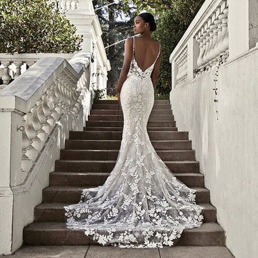 Plunging V Bohemian Mermaid Wedding dress Lace Bridal Gown