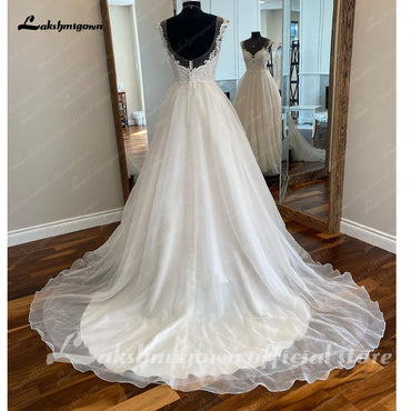 V-Neck Bead Cap Sleeve A line Wedding Dresses Appliques Organza Skirt Sexy Back Wedding Gowns