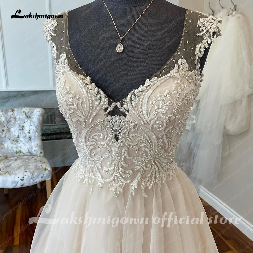 V-Neck Bead Cap Sleeve A line Wedding Dresses Appliques Organza Skirt Sexy Back Wedding Gowns