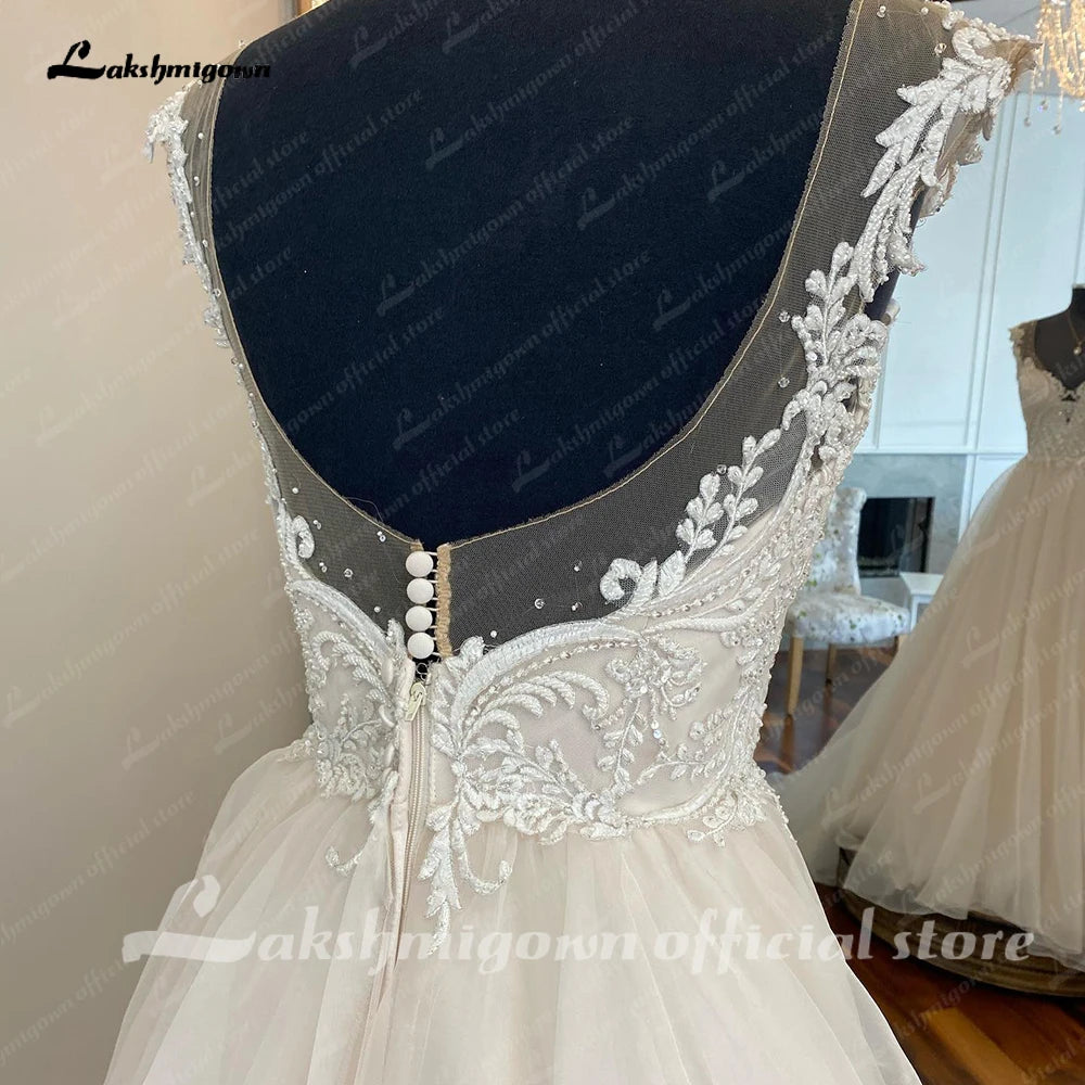 V-Neck Bead Cap Sleeve A line Wedding Dresses Appliques Organza Skirt Sexy Back Wedding Gowns