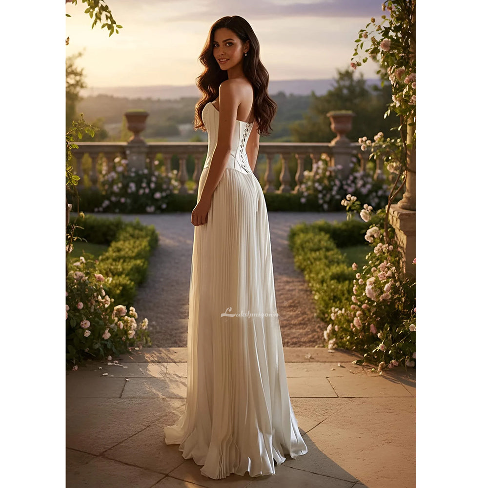 Boho Strapless Flowy Pleated Wedding Dress with Corset Embroidered Bodice