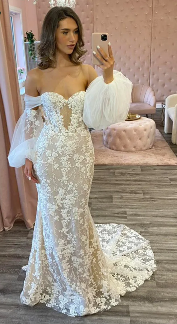 Lantern Sleeves Mermaid Wedding Dresses Beads Appliques Sweetheart Tulle Bridal Gowns