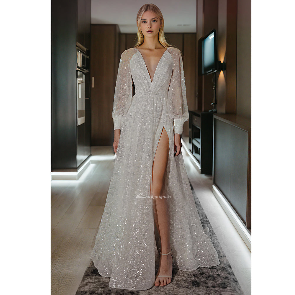 long sleeve deep v back wedding dress V-Neck Long Sleeves Backless Ivory Chiffon Wedding Dress With Lace As Picture / US10