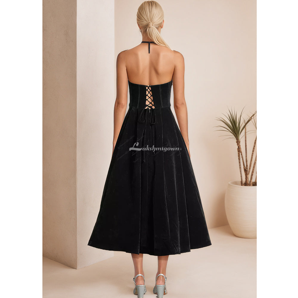 Plus Size Velvet Tea-Length Dress with Lace-Up Back HCM011