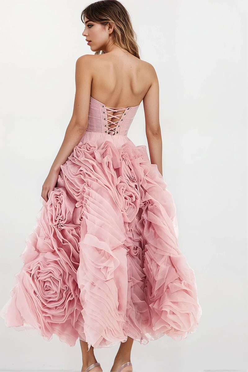 Strapless Tea Length Purple Prom Dresses Tiered Ruffles Holiday Dress