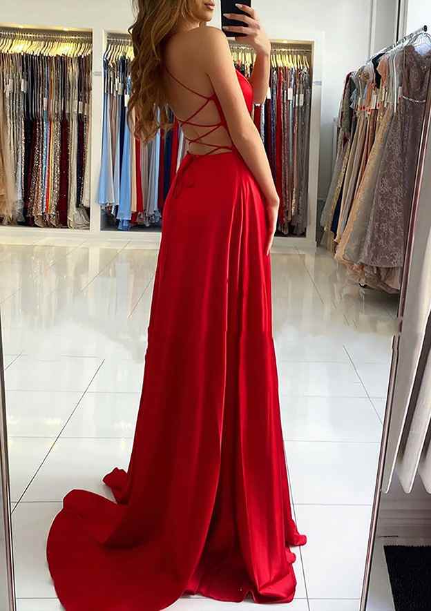 Red A-line V Neck Sweep Train Prom Dress With Split