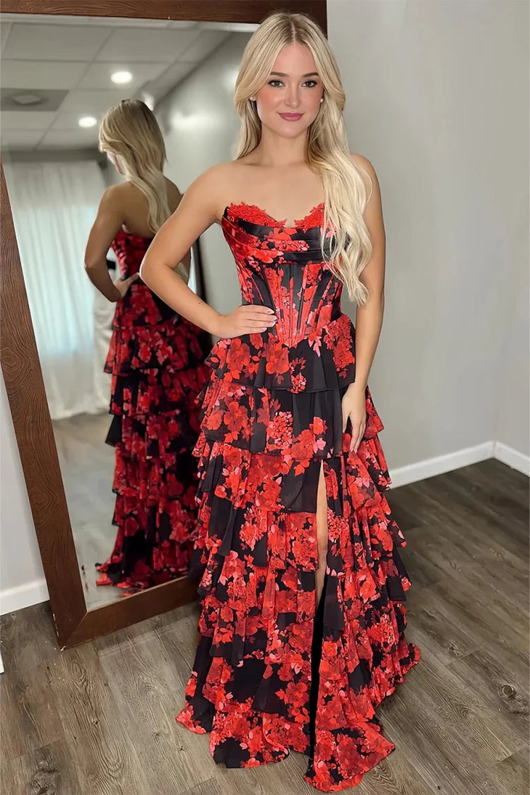 Red Strapless A Line Floral Ruffled Prom Dresses With Slit – LAKSHMIGOWN
