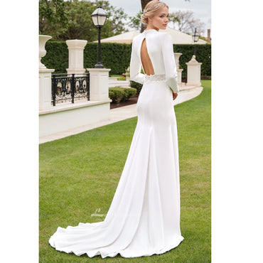 Robe de mariée sirène en Satin, col en v, ceinture fendue sur le devant, manches longues, dos nu, avec boutons