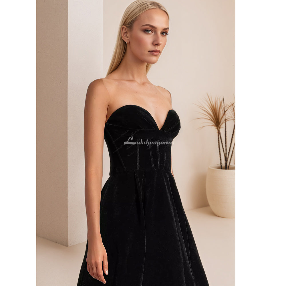 Plus Size Velvet Tea-Length Dress with Lace-Up Back HCM011