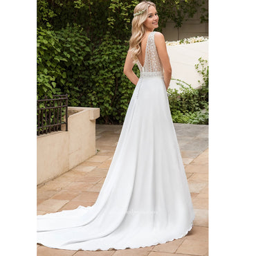 Beach Garden A-Line Boho Lace Split Front Wedding Dress Summer Floral Plunging Neckline Bridal Gown