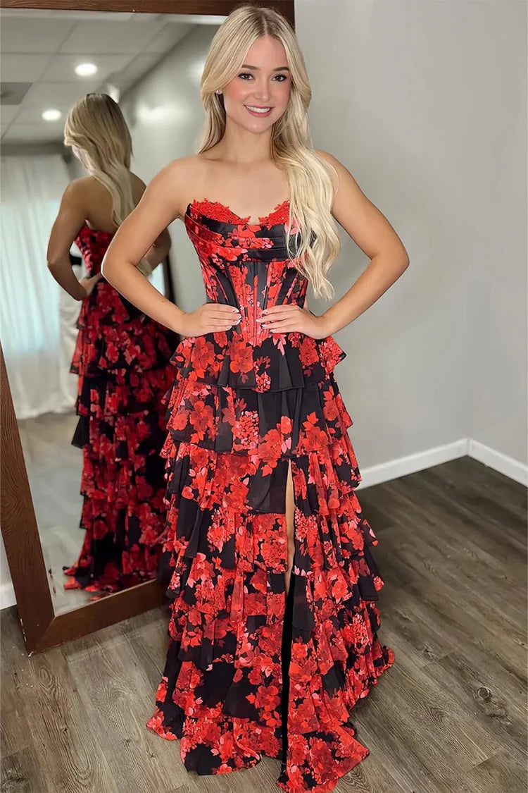 Red Strapless A Line Floral Ruffled Prom Dresses With Slit