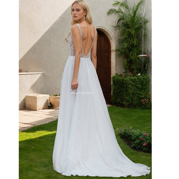 Robe de mariée Boho sexy Robe de mariée Boho sexy Robe de mariée de plage Col en V Perles Applique Illusion Robe de mariée de plage à fente haute