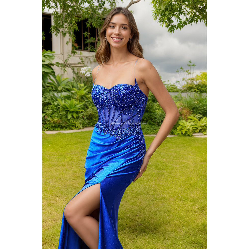 Royal Blue Spaghetti Straps Mermaid Prom Dress With Split