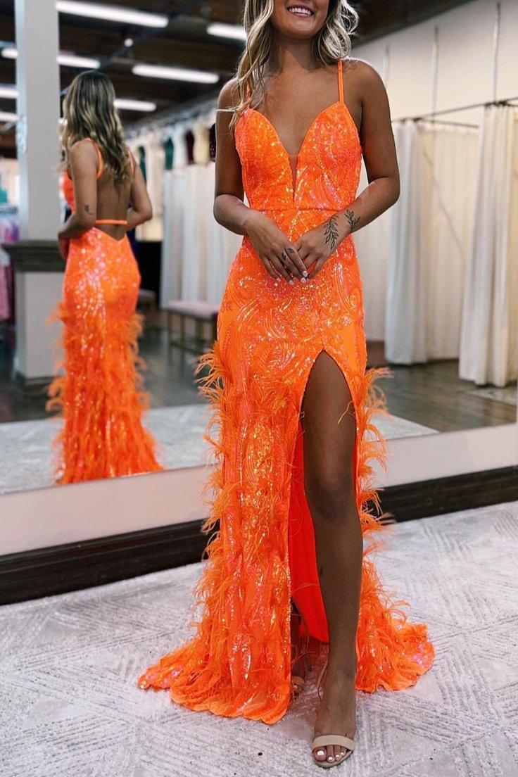 Sequin Lace V Neck Mermaid Prom Dresses with Slit