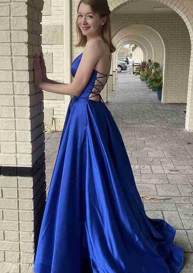 Royal Blue V-Neck Prom Dresses with Pocket